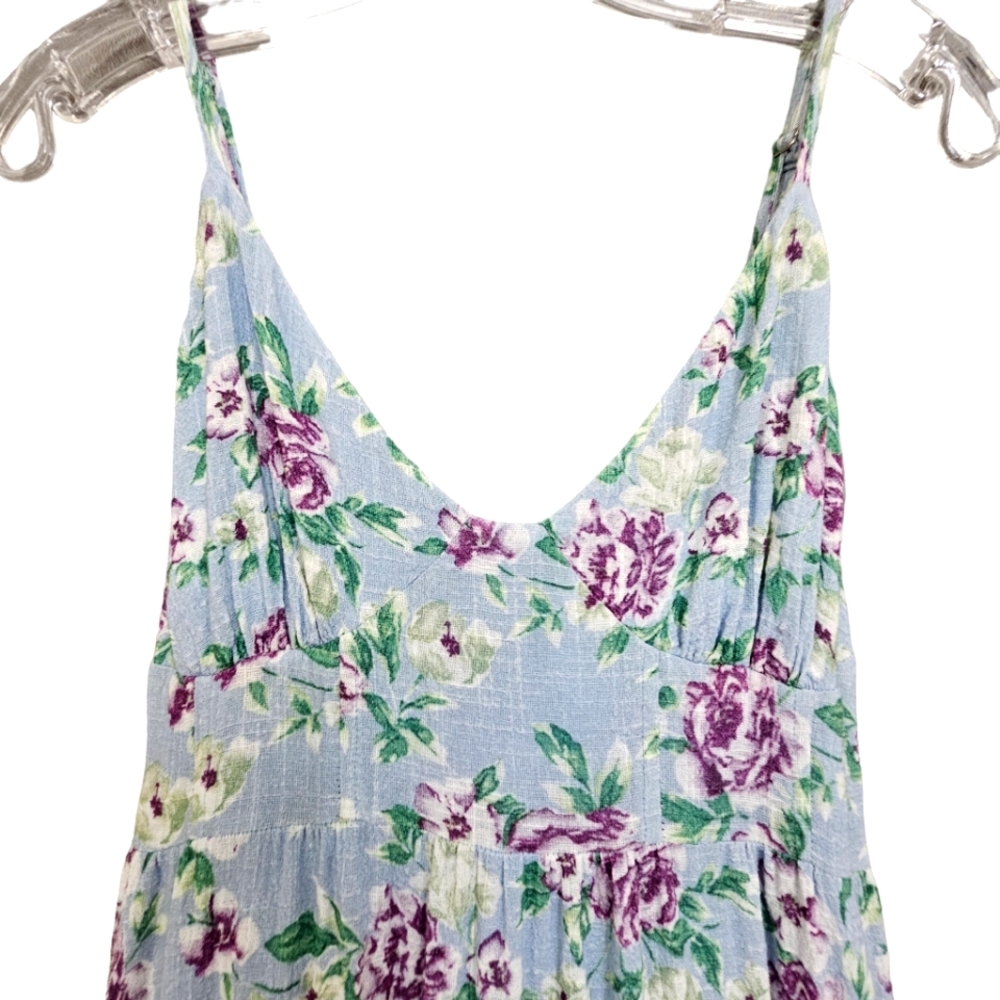 Lulu's Bliss Abound Bliss Baby Blue w/Purple Roses Ruffle Tiered Midi Dress - Picture 7 of 15